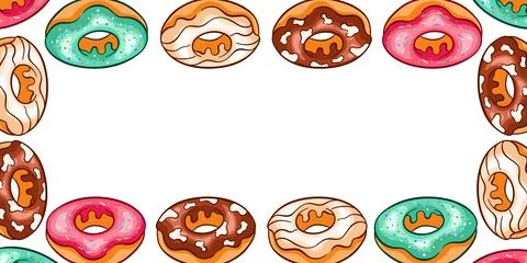 Horizontal border with assorted donut on a white background in cartoon style. Stock Illustration