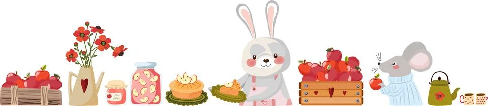 Horizontal border with cute animals, a bunny and a mouse, boxes of apples, a Illustrazione stock