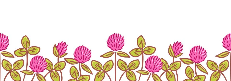 A horizontal border design featuring exquisite red clover flowers intertwined Stock Illustration