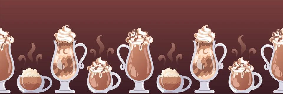 Horizontal border with different types of coffee. Cappuccino, latte, glass and Stock Illustration