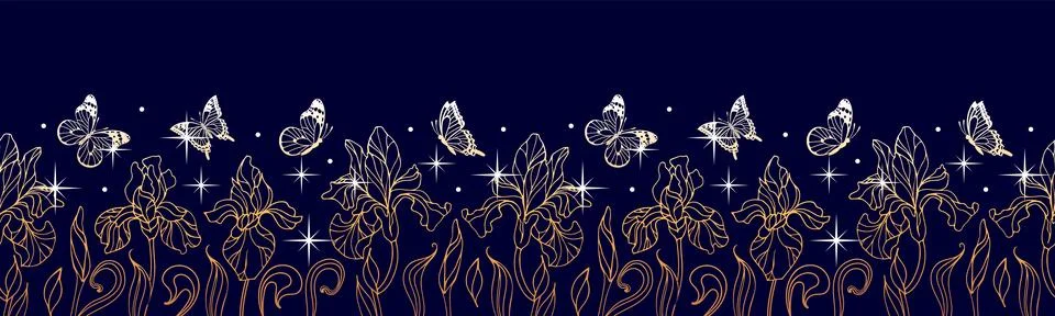 A horizontal border featuring elegant golden irises intertwined with delicate Stock Illustration