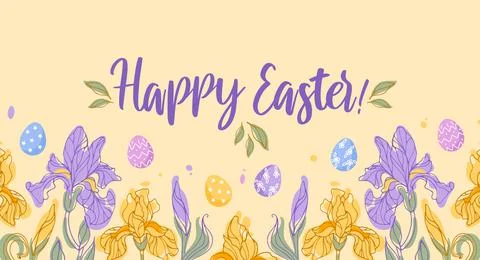 Horizontal border of iris flowers. Irises and chocolate colorful eggs. Delicate Illustrazione stock