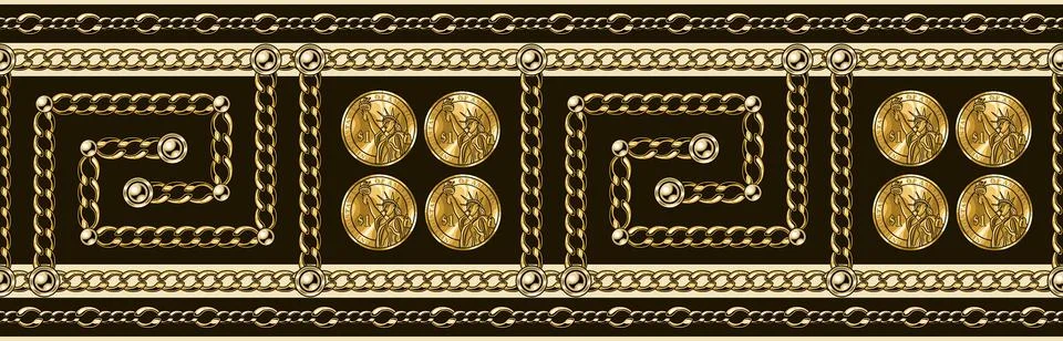 Horizontal border with meander pattern, gold coins 스톡 일러스트