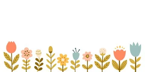 Horizontal border with pastel spring summer flowers. Isolated on white Stock Illustration