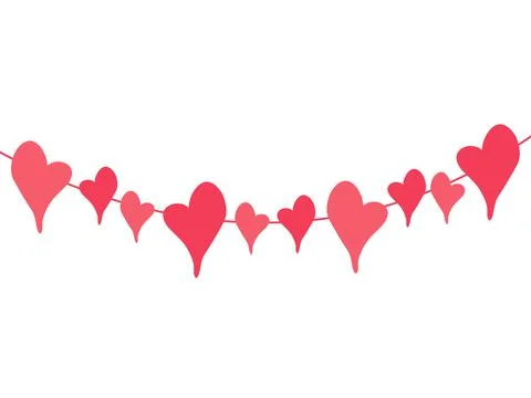 Horizontal border with red heart. Valentines day garland on white background Stock Illustration