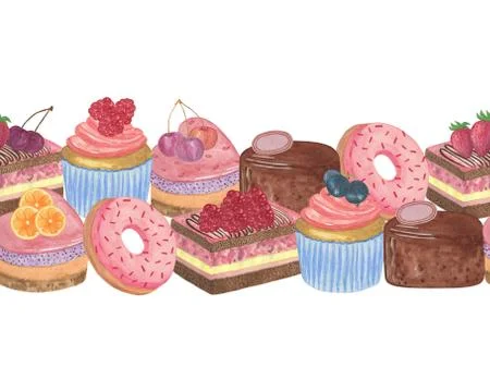 A horizontal border, repeat pattern of watercolor sweet desserts Stock Illustration