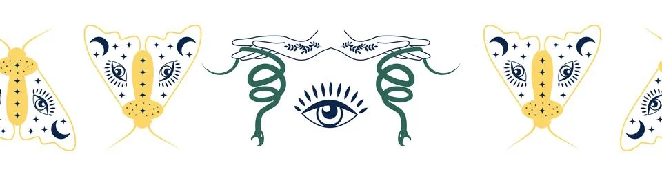 Horizontal border, set Magic and heavens seamless pattern, with magical eleme Stock Illustration