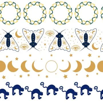 Horizontal border, set Magic and heavens seamless pattern, with magical ele.. Stock Illustration