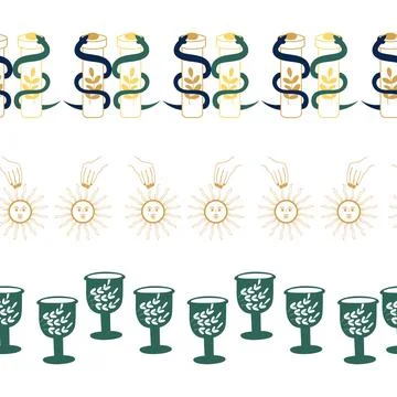 Horizontal border, set Magic and heavens seamless pattern, with magical ele.. Ilustração Stock