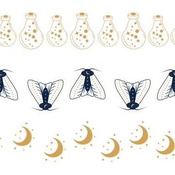 Horizontal border, set Magic and heavens seamless pattern, with magical ele.. Ilustração Stock