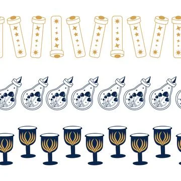 Horizontal border, set Magic and heavens seamless pattern, with magical ele.. Stock Illustration