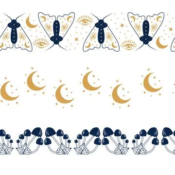 Horizontal border, set Magic and heavens seamless pattern, with magical ele.. Illustrazione stock