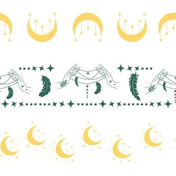 Horizontal border, set Magic and heavens seamless pattern, with magical ele.. Illustrazione stock