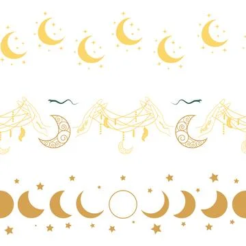 Horizontal border, set Magic and heavens seamless pattern, with magical ele.. Ilustração Stock