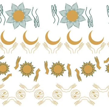 Horizontal border, set Magic and heavens seamless pattern, with magical ele.. 스톡 일러스트