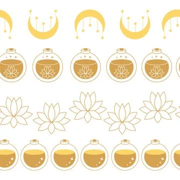 Horizontal border, set Magic and heavens seamless pattern, with magical ele.. Illustrazione stock