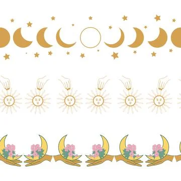 Horizontal border, set Magic and heavens seamless pattern, with magical ele.. 스톡 일러스트