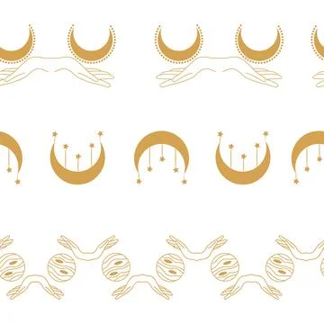 Horizontal border, set Magic and heavens seamless pattern, with magical ele.. Stock Illustration