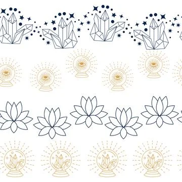 Horizontal border, set Magic and heavens seamless pattern, with magical ele.. Illustrazione stock