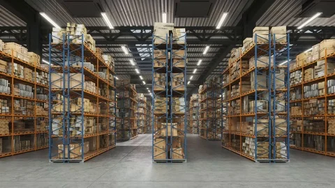 Horizontal camera move along the rows shelves with cardboard boxes. Vídeo Stock 122375840