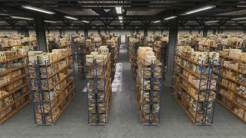 Horizontal camera move along the rows shelves with cardboard boxes. Vídeo Stock 122375861