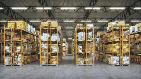 Horizontal camera move between the rows shelves with cardboard boxes. Vídeo Stock 115320605