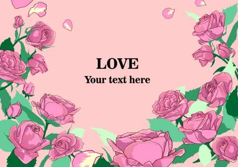 Horizontal card with a composition of roses and petals Illustrazione stock
