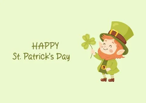 Horizontal card happy St. Patrick. Cute leprechaun holding a clover. Stock Illustration
