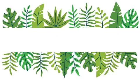 Horizontal card with leafy border in tropical flat cartoon style. Jungle fram Stock Illustration
