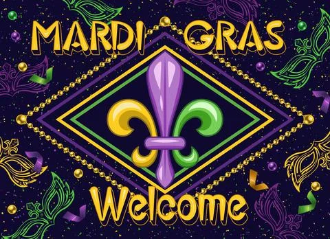 Horizontal carnaval poster with fluer de lis symbol, outline masquerade masks 스톡 일러스트