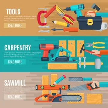 Horizontal Carpentry Banners With Tools Kit Stock Illustration