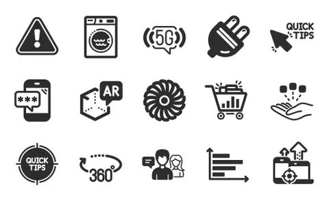 Horizontal chart, Electric plug and 5g wifi icons set. Consolidation, Quick tips Stock Illustration