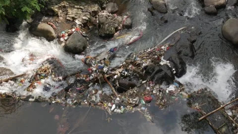 Horizontal close up of plastic pollution stuck on river rocks. Stock Footage 336313703
