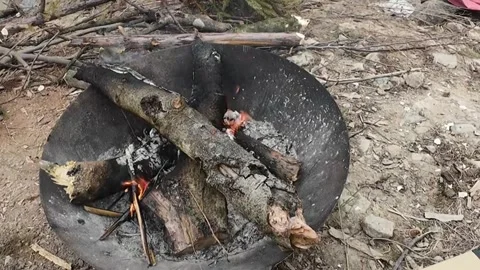 Horizontal Close-up Thick Wood Logs Burning in an Iron Fire Pit on the Groun Stock Footage 328204662