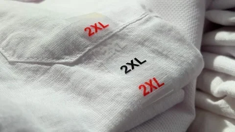 Horizontal close up video. Sticker with 2XL sign on white t-shirt Stock Footage 314828570