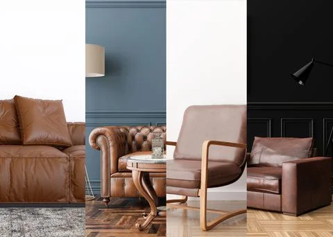 Horizontal collage with brown leather sofas and armchairs in contemporary Stockillustratie