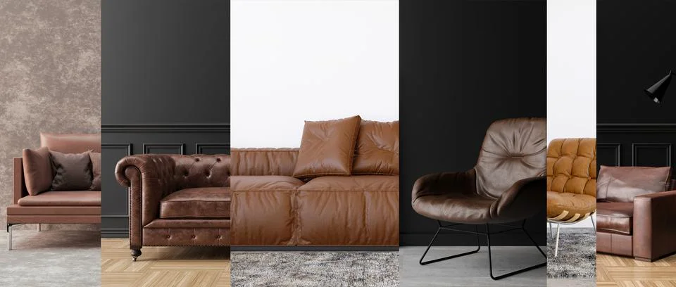 Horizontal collage with brown leather sofas and armchairs in contemporary Stockillustratie