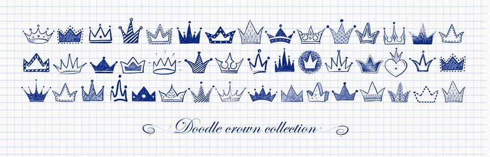 Horizontal composition with collection of blue pen doodle crowns on lined paper Illustrazione stock