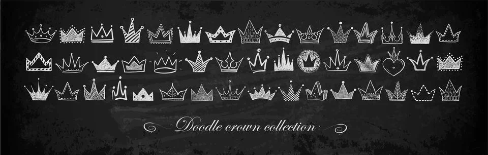 Horizontal composition with collection of doodle crowns on blackboard background Illustrazione stock