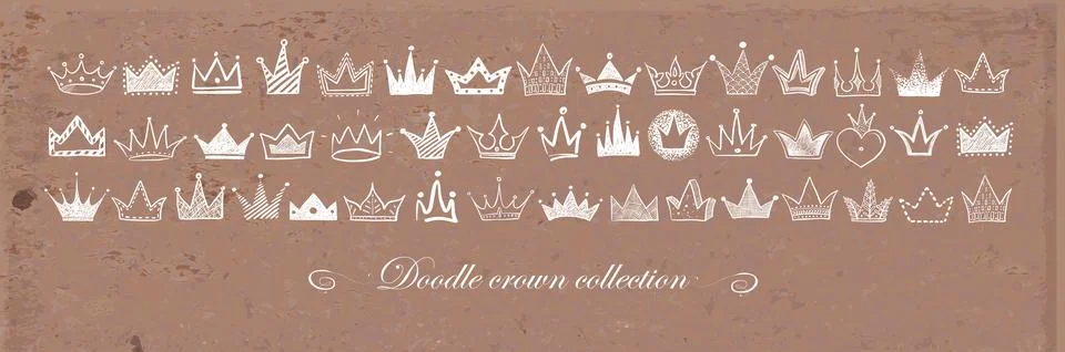 Horizontal composition with collection of doodle crowns on brown parcel paper Stock Illustration