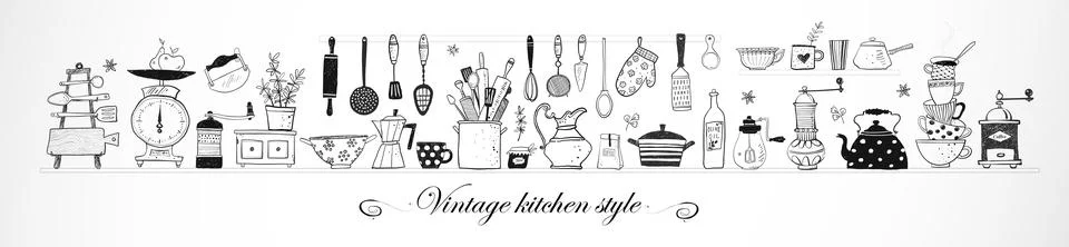 Horizontal composition with vintage doodle kitchen utensils on white background Illustrazione stock