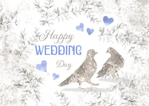 Horizontal creative design with a pair of birds, happy wedding day Ilustração Stock