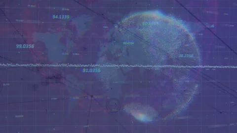 Horizontal data trace pulsating triggers 3D globe forming and rotating to show Video stock 312842775