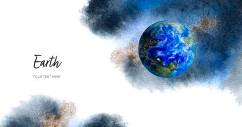 Horizontal design planets set card template with Earth on watercolor spine. Hand Stock Illustration
