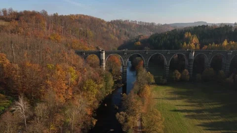Horizontal Drone Flight Near Mountain Viaduct Over River in Autumn Forest Stock Footage 320840121