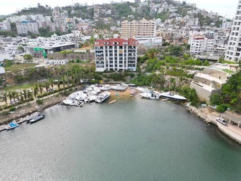 Horizontal Drone View of Devastated Marina Post-Hurricane Otis Stock Photos