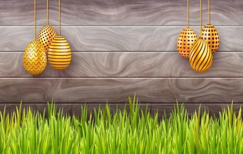 Horizontal Easter banner with hanging ornate eggs on wooden background Stock Illustration