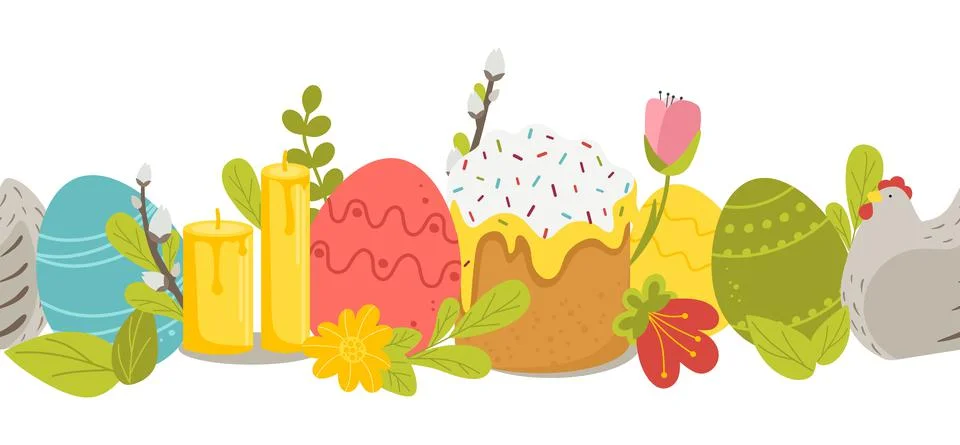 Horizontal Easter pattern with willow, multicolored eggs, cake and chicken on Stockillustratie