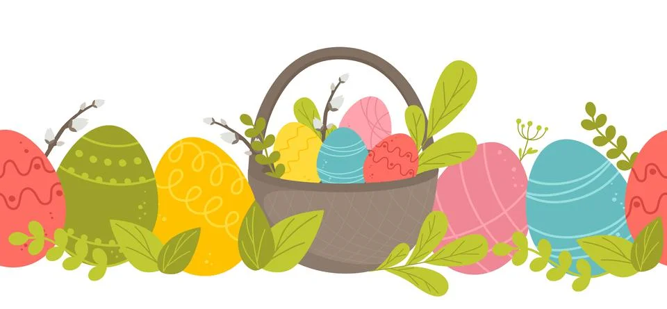 Horizontal Easter pattern with willow, multicolored eggs, cake and chicken on Stockillustratie