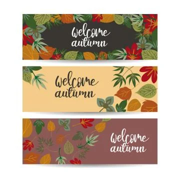 Horizontal fall banners set. Three vector templates. Bright autumn maple, oak Stock-Illustration